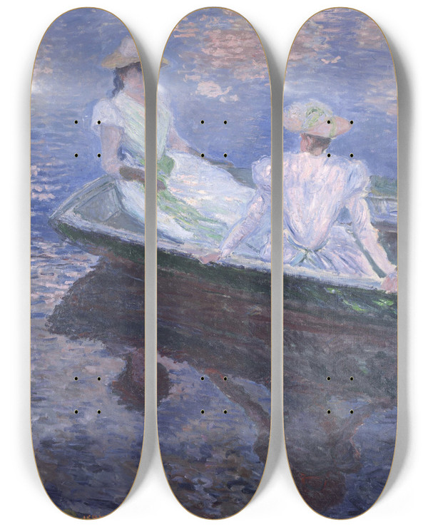 Triptych art skateboard deck of Claude Monet On The Boat by Claude Monet (1840-1926)