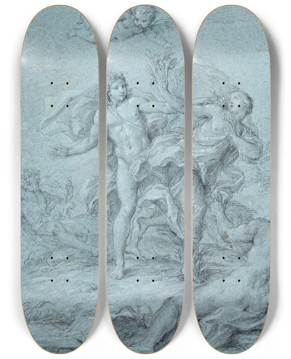 Triptych art skateboard deck of Stefano Pozzi Apollo And Daphne by Stefano Pozzi (1699-1768)