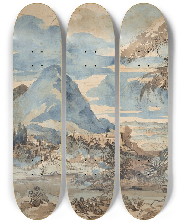 Triptych art skateboard deck of Thodore Gricault Landscape With Fishermen_2 by Theodore Gericault (1791-1824)