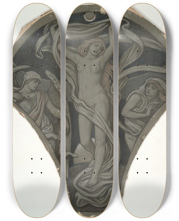 Triptych art skateboard deck of Elihu Vedder Cartoon For Luna by Elihu Vedder (1836-1923)