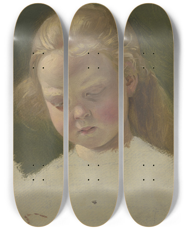 Triptych art skateboard deck of Jakob Becker Kleines Mdchen Mit Langem Haar by Jakob Becker (1810-1872)