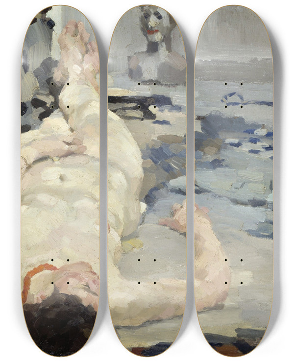 Triptych art skateboard deck of Max Feldbauer Liegender Akt by Max Feldbauer (1869-1948)