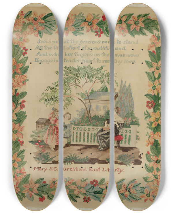 Triptych art skateboard deck of Eva Wilson Sampler_1 by Eva Wilson