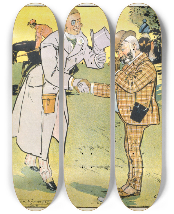 Triptych art skateboard deck of Frank Arthur Nankivell A Natural Inference by Frank Arthur Nankivell (1869-1959)