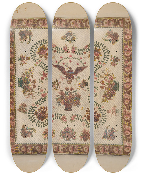 Triptych art skateboard deck of Charles Bowman Quilt by Charles Bowman
