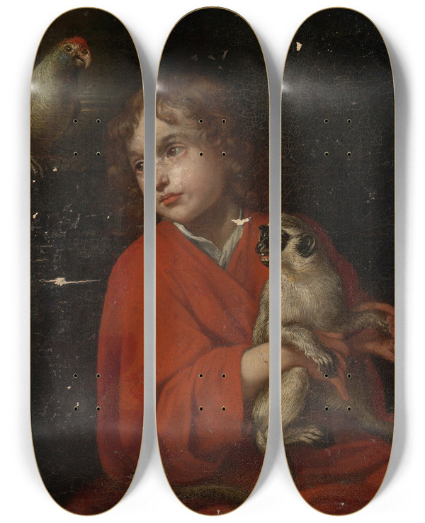 Triptych art skateboard deck of Jacob Van Oost Parrot Watching A Boy Holding A Monkey by Jacob Van Oost (1603-1671)