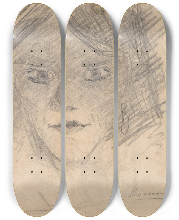 Triptych art skateboard deck of Umberto Boccioni Study For Modern Idol by Umberto Boccioni (1882-1916)