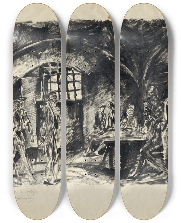 Triptych art skateboard deck of Kontantn Bauer Sd V Alri by Konstantin Bauer (1893-1928)