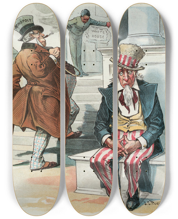 Triptych art skateboard deck of John Samuel Pughe When Mckinley Is President by John Samuel Pughe (1870-1909)