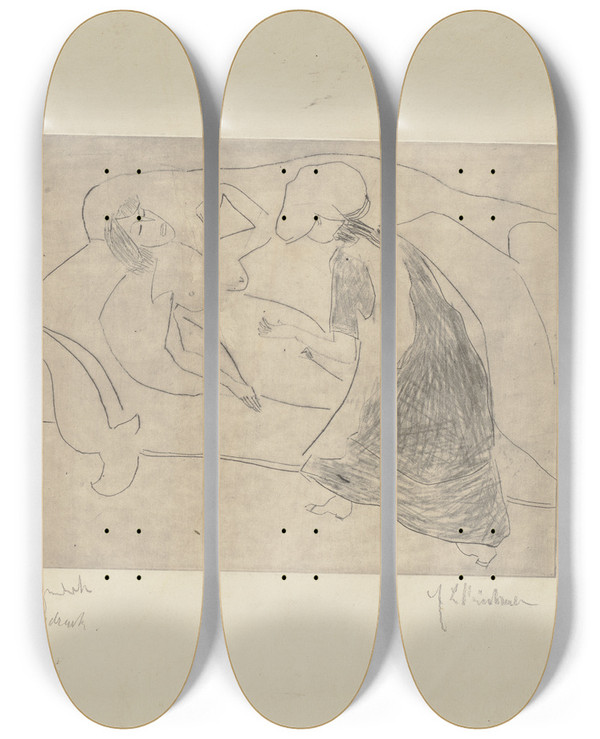 Triptych art skateboard deck of Ernst Ludwig Kirchner Mdchen Einer Anderen Den Bauch Frottierend by Ernst Ludwig Kirchner (1880-1938)