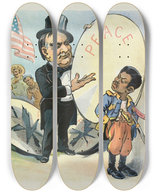 Triptych art skateboard deck of Udo Keppler Through Peace To Happiness by Udo Keppler (1872-1956)