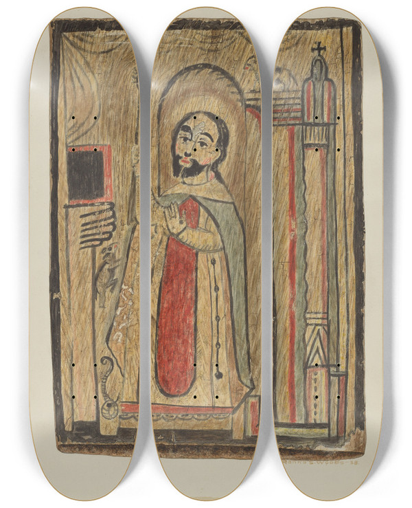 Triptych art skateboard deck of Ranka S Woods Retablos by Ranka S Woods