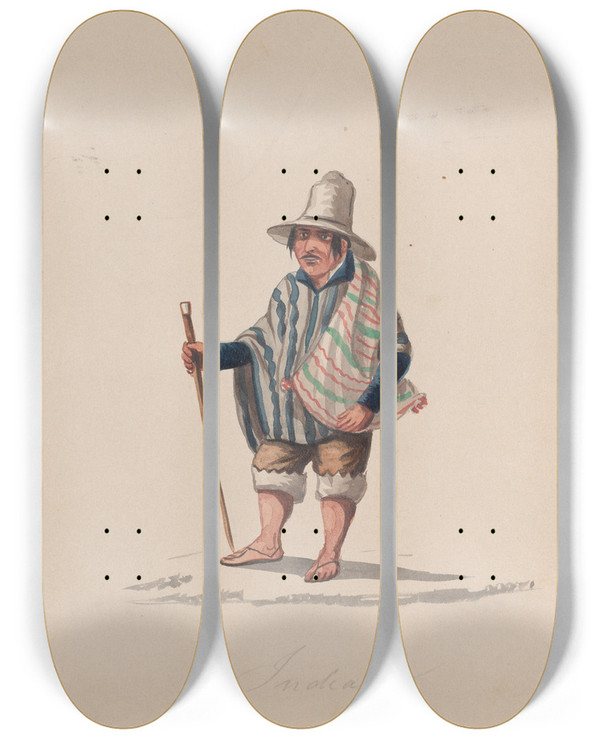 Triptych art skateboard deck of Francisco Fierro A Peruvian Man by Francisco Fierro (1807-1879)