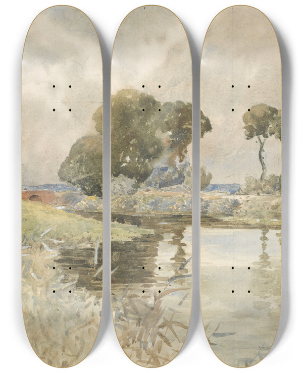 Triptych art skateboard deck of William James Mller Landscape With River by William James Muller (1812-1845)
