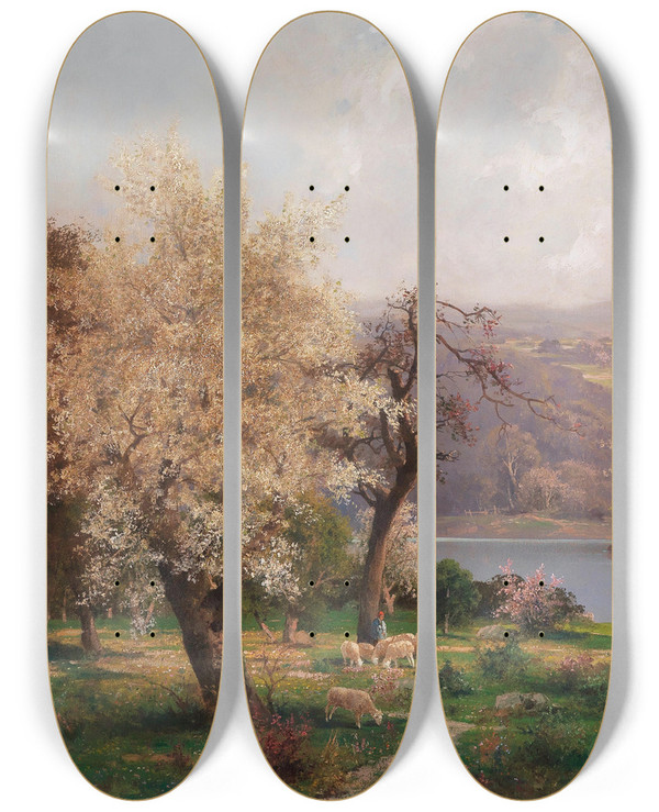 Triptych art skateboard deck of Adolf Kaufmann A Lake Landscape In Spring by Adolf Kaufmann (1848-1916)