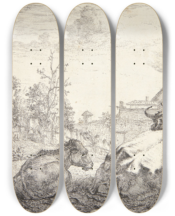 Triptych art skateboard deck of Karel Dujardin En Ko Og En Kalv by Karel Dujardin (1622-1678)