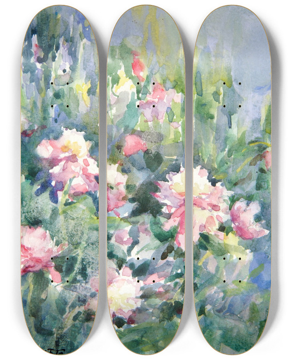 Triptych art skateboard deck of Bertha Eversfield Perrie Untitled Flowers_1 by Bertha Eversfield Perrie (1868-1921)