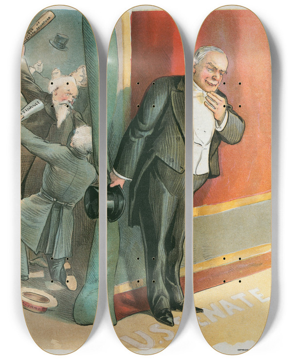 Triptych art skateboard deck of Charles Jay Taylor Another Delay by Charles Jay Taylor (1855-1929)