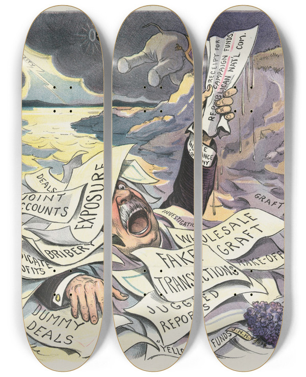Triptych art skateboard deck of John Samuel Pughe Wheres My Square Deal by John Samuel Pughe (1870-1909)