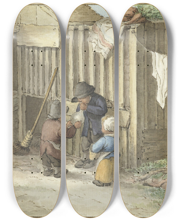 Triptych art skateboard deck of Jean Bernard Drie Kinderen Spelend Met Een Varkensblaas by Jean Bernard (1775-1833)