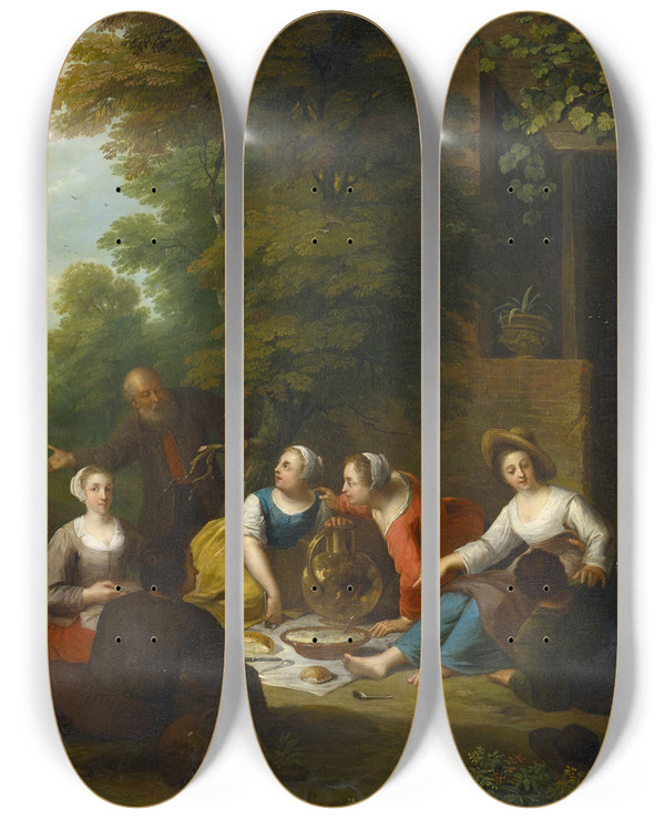 Triptych art skateboard deck of Jan Van Mieris Meal Outdoors by Jan Van Mieris (1660-1690)
