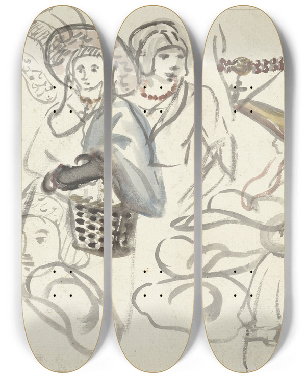 Triptych art skateboard deck of Simon Andreas Krausz Kostuumstudies Van Boerinnen by Simon Andreas Krausz (1760-1825)