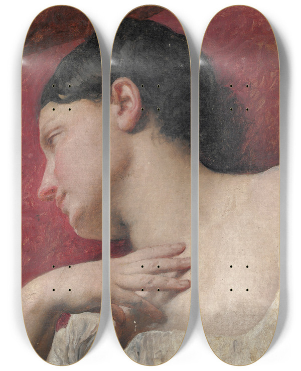 Triptych art skateboard deck of Francesco Hayez Womans Head Study by Francesco Hayez (1791-1882)