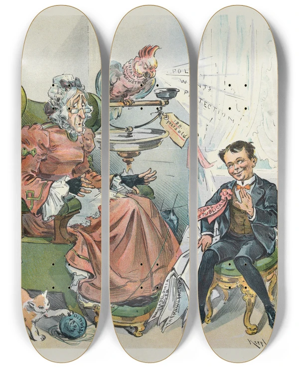 Triptych art skateboard deck of Udo Keppler He Is Learning Better by Udo Keppler (1872-1956)