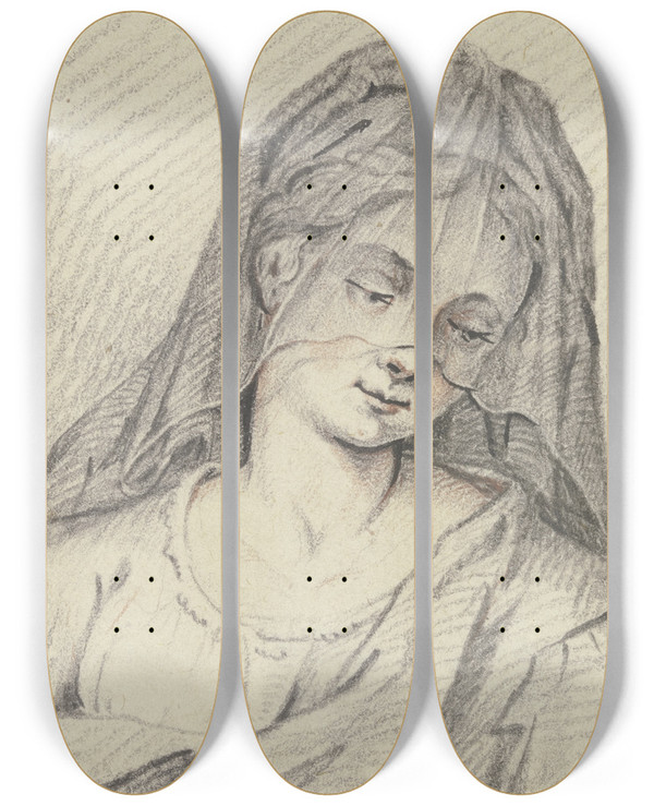 Triptych art skateboard deck of G A Wilmans Brustbild Eines Herabblickenden Mdchens Mit Einem Schleier by G A Wilmans