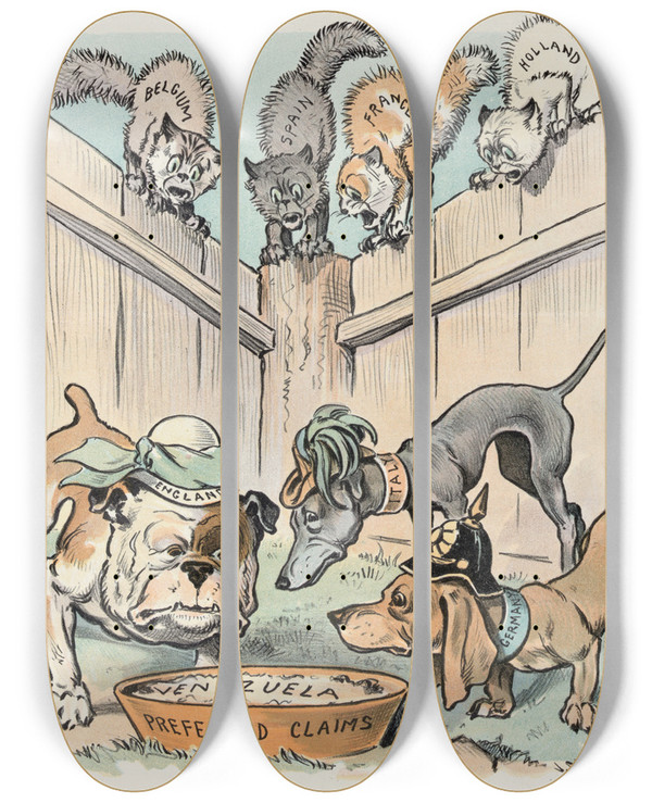 Triptych art skateboard deck of John Samuel Pughe Getting Their Backs Up by John Samuel Pughe (1870-1909)