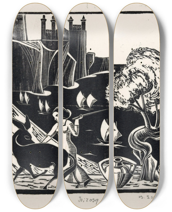 Triptych art skateboard deck of Bernard Essers Vrouw Die Een Ezel Drijft by Bernard Essers (1893-1945)
