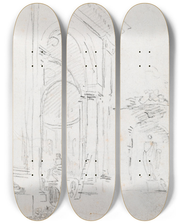 Triptych art skateboard deck of Hubert Robert Monumental Arch by Hubert Robert (1733-1808)