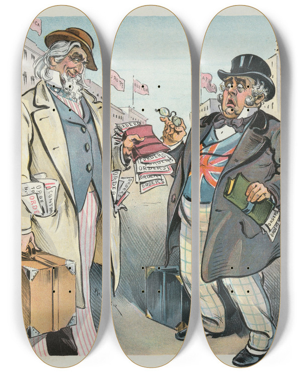 Triptych art skateboard deck of Udo Keppler The Two Drummers by Udo Keppler (1872-1956)