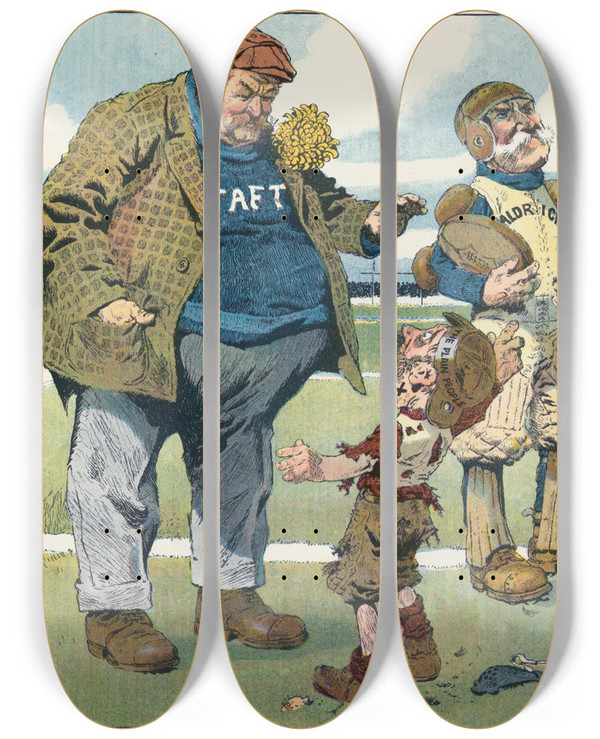 Triptych art skateboard deck of Will Crawford The Easy Umpire by Will Crawford (1869-1944)