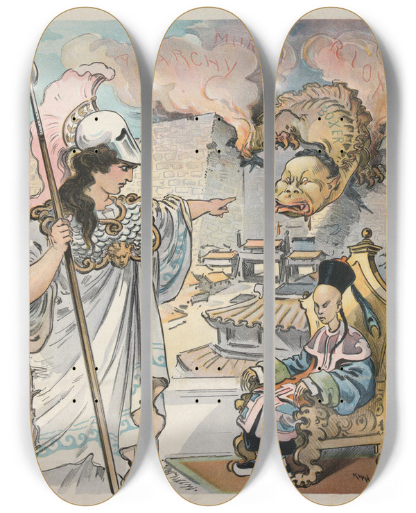 Triptych art skateboard deck of Udo Keppler The First Duty by Udo Keppler (1872-1956)