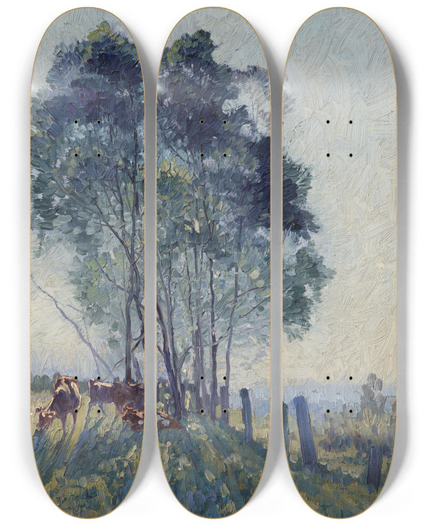 Triptych art skateboard deck of Elioth Gruner The Wattles by Elioth Gruner (1882-1939)