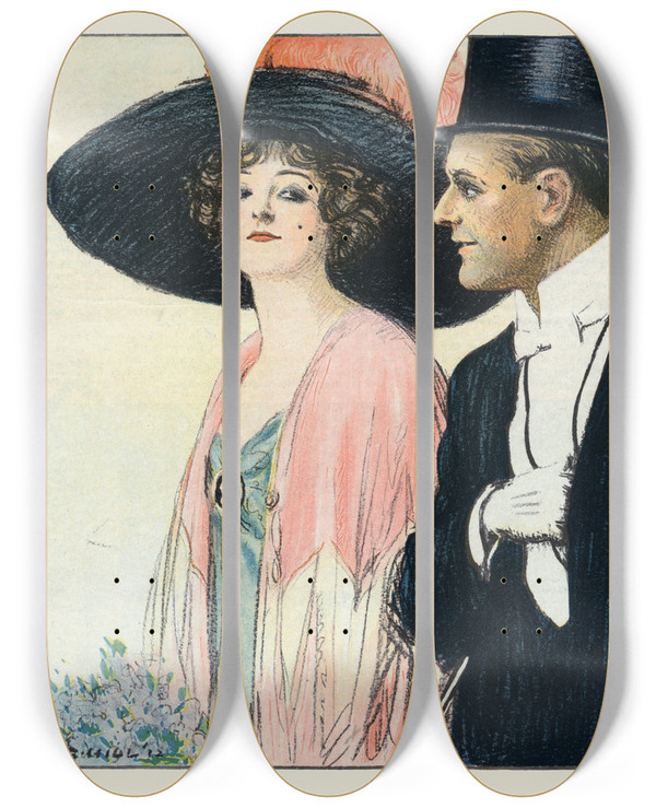 Triptych art skateboard deck of William Ely Hill After The Hug by William Ely Hill (1887-1962)
