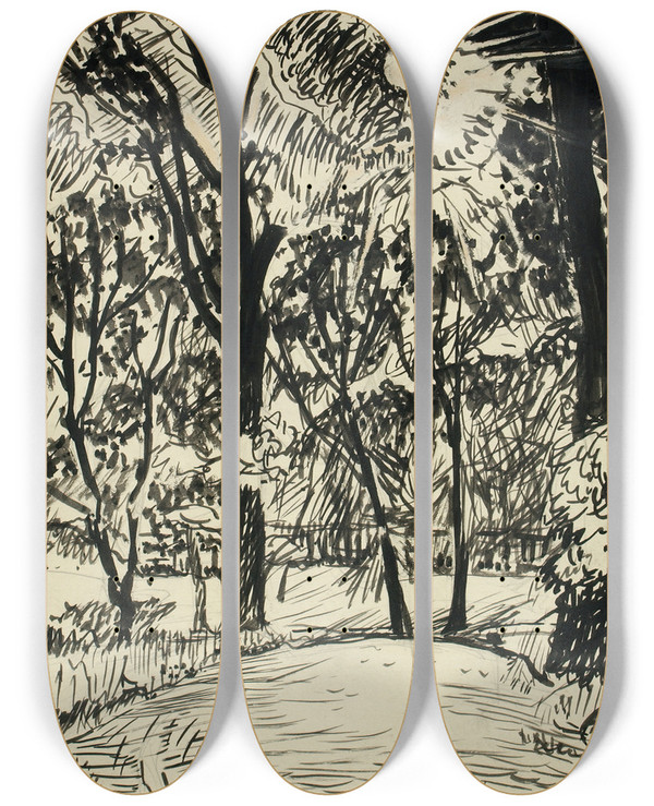Triptych art skateboard deck of Henry Lyman Saen Sunlit Path by Henry Lyman Saen (1875-1918)