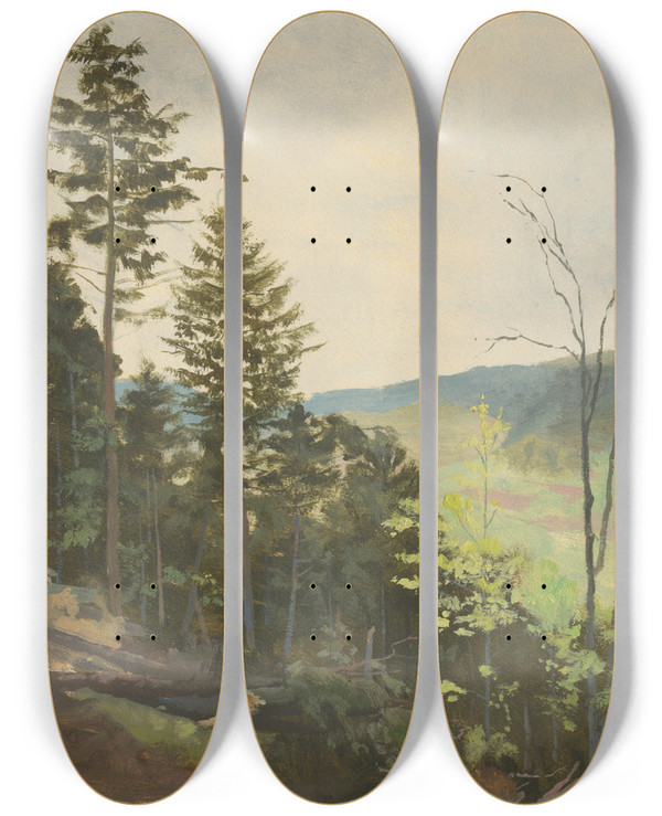 Triptych art skateboard deck of Jan Nowopack Scrub Hill by Jan Nowopacky