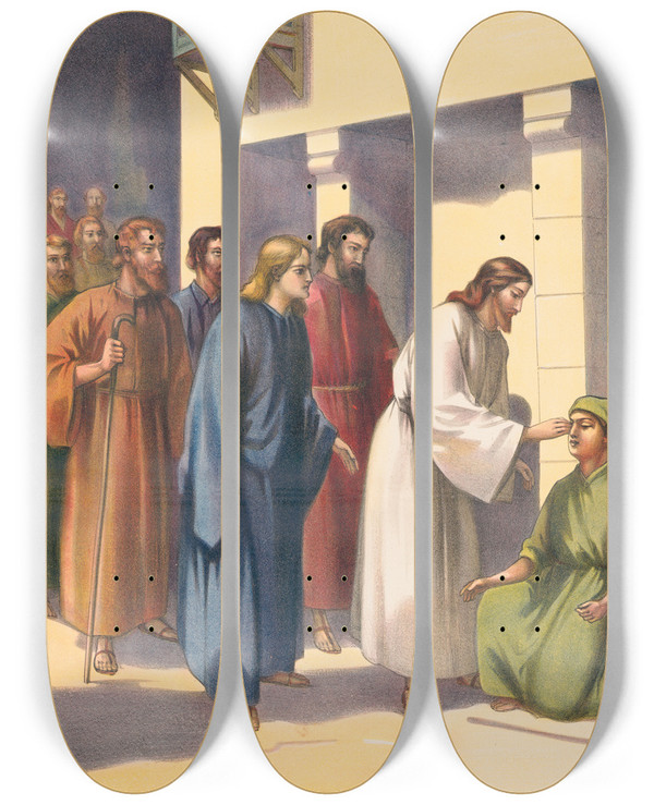 Triptych art skateboard deck of Stecher Litho Co Blind Bartimeus by Stecher Litho Co (1871)