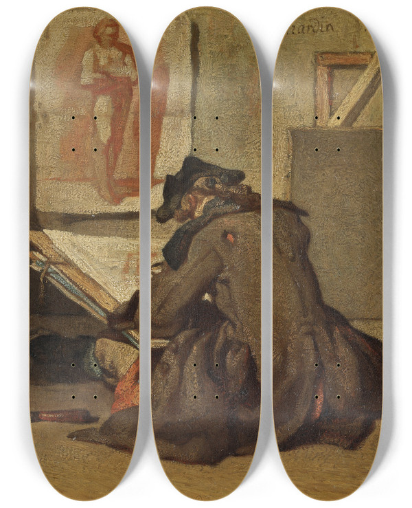 Triptych art skateboard deck of Jean Simon Chardin Young Student Drawing by Jean Simeon Chardin (1699-1779)