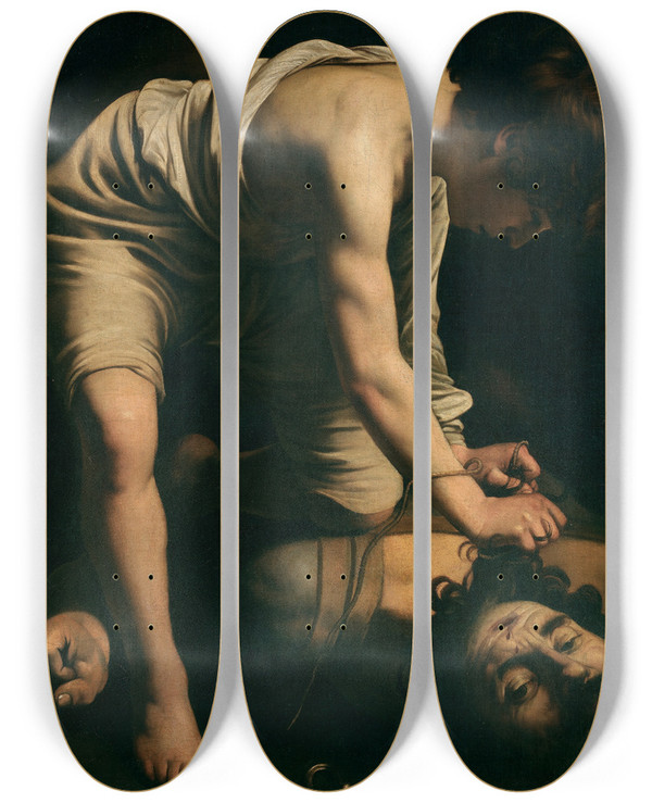 Triptych art skateboard deck of Caravaggio David And Goliath by Caravaggio (1571-1610)