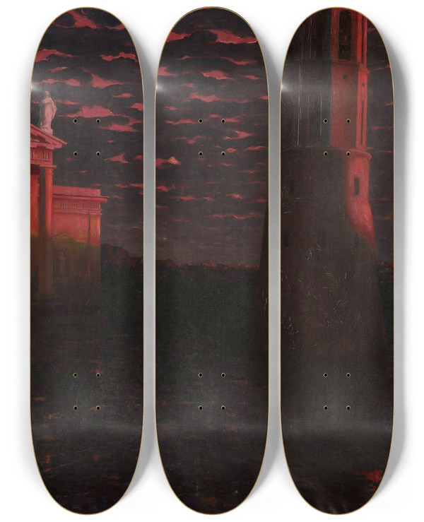 Triptych art skateboard deck of Kazimierz Stabrowski Vilnius Cathedral Bell Tower by Kazimierz Stabrowski (1869-1929)
