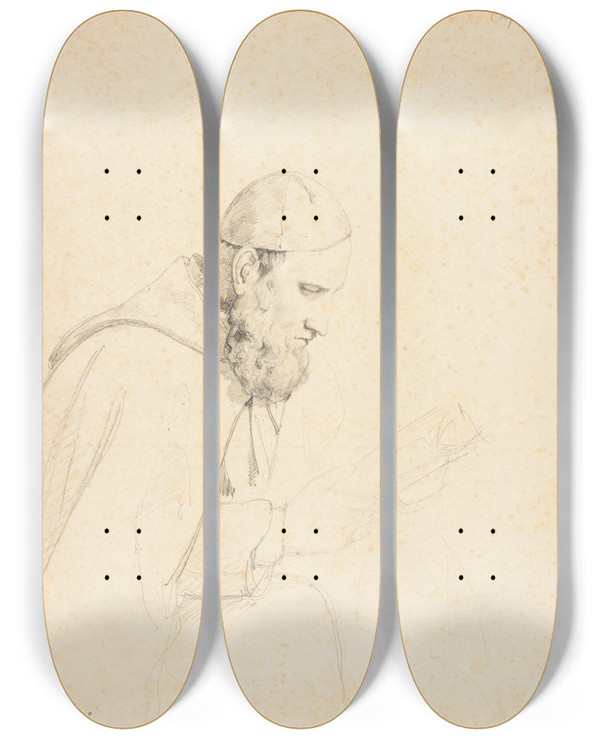 Triptych art skateboard deck of Jacquesraymond Brascassat Tude De Tte De Capucin by Jacques Raymond Brascassat (1804-1867)