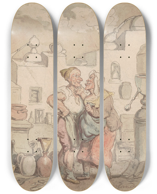 Triptych art skateboard deck of Thomas Rowlandson The Chemist by Thomas Rowlandson (1756-1827)