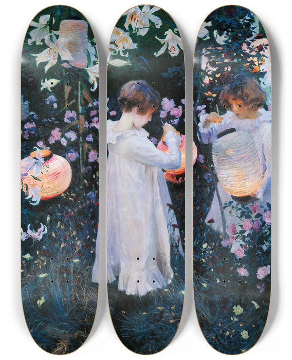 Triptych art skateboard deck of John Singer Sargent Carnation Lily Lily Rose by John Singer Sargent (1856-1925)