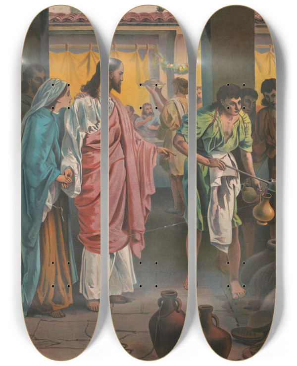 Triptych art skateboard deck of Harris Jones Co Christs First Miracle by Harris Jones Co (1868)