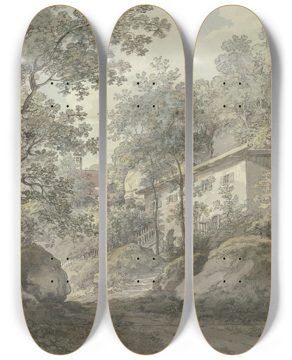Triptych art skateboard deck of Johann Georg Von Dillis Architectural Study_1 by Johann Georg Von Dillis (1759-1841)