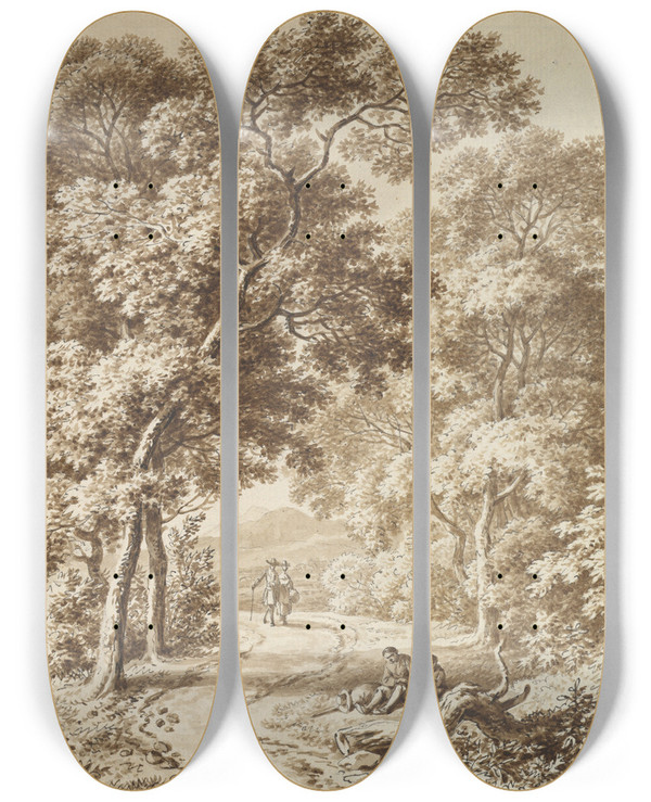 Triptych art skateboard deck of Ferdinand Kobell A Path Bordered By Trees With Two Beggars And A Couple Strolling by Ferdinand Kobell (1740-1799)