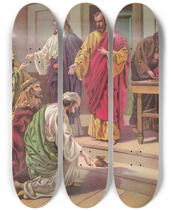 Triptych art skateboard deck of Providence Lith Co True And False Giving by Providence Lith Co (1880-1975)